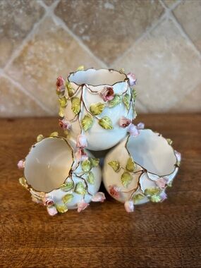 Vintage Porcelain Egg Cups with Pink Rosebuds and Green Leaves